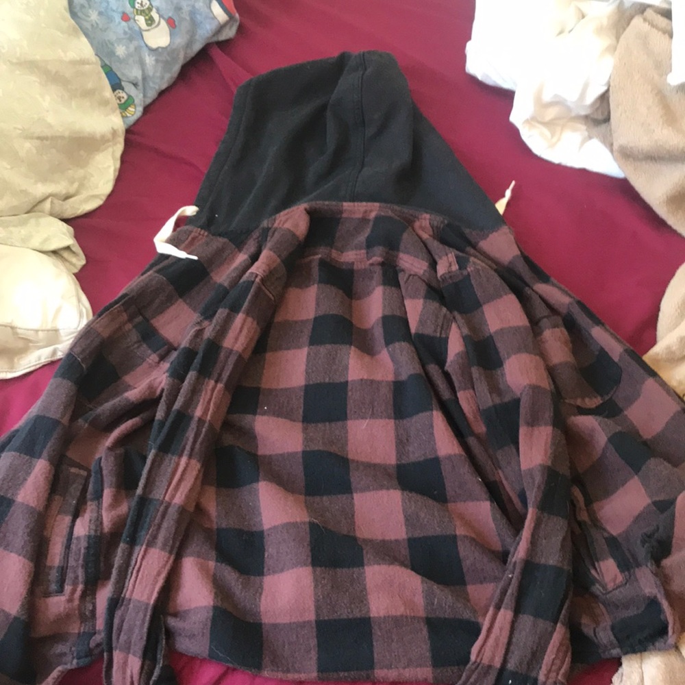 Brown and black flannel with a hood